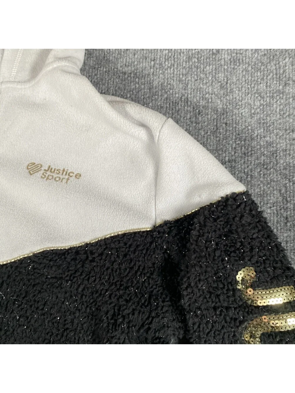 Justice Sport Jacket Girls XL 16/18 Black Full Zip Sherpa Glitter Hoodie AE